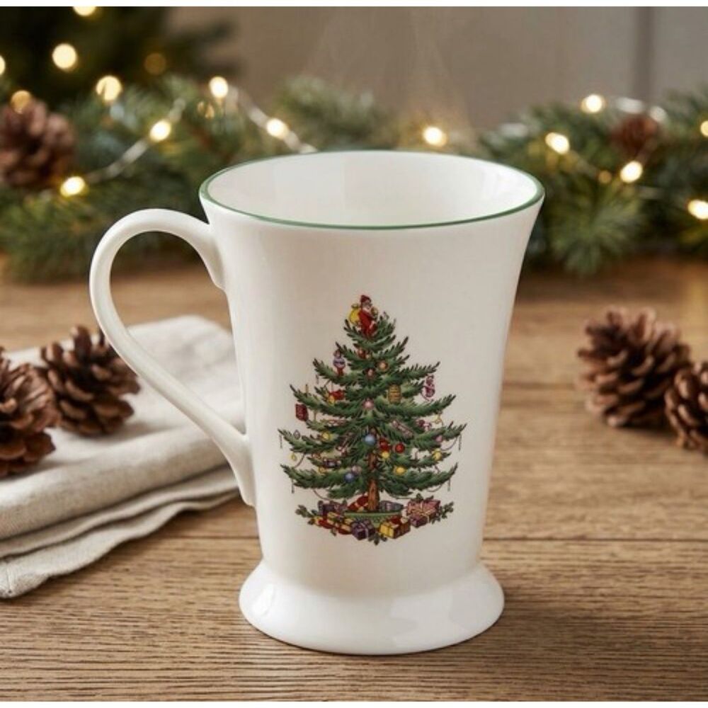SPODE Porcelain TALL FOOTED Christmas Tree COFFEE MUG 12oz GREEN TRIM Pimpernel